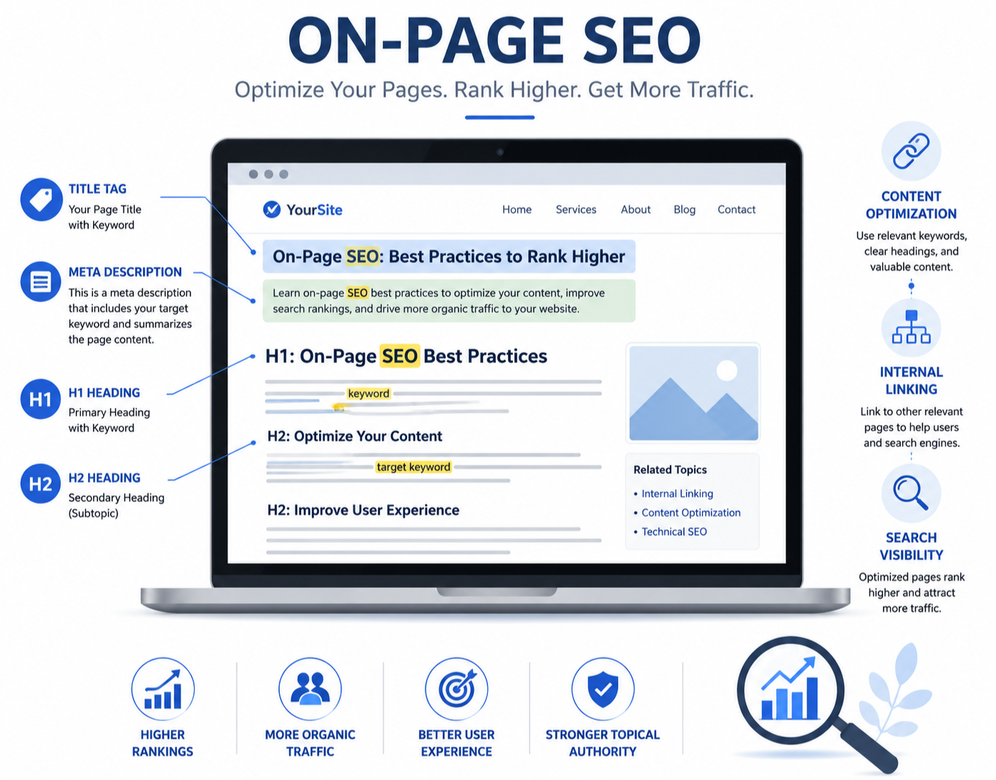 On-page SEO services in Dubai — infographic showing title tags, meta descriptions, H1 H2 headings, content optimisation, internal linking, and search visibility for higher Google rankings