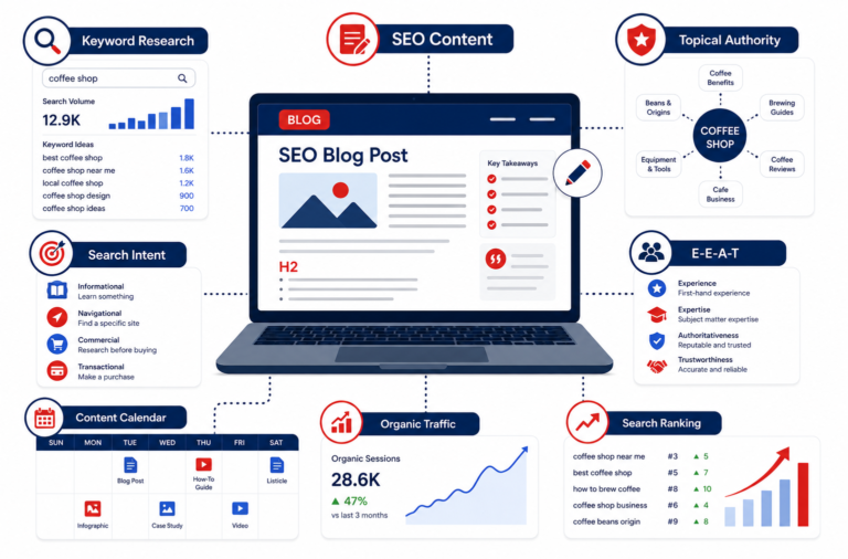 SEO blog writing and content marketing illustration showing keyword research, search intent analysis, SEO content creation, topical authority, E-E-A-T principles, content calendar planning, organic traffic growth, and search ranking improvements on a laptop dashboard