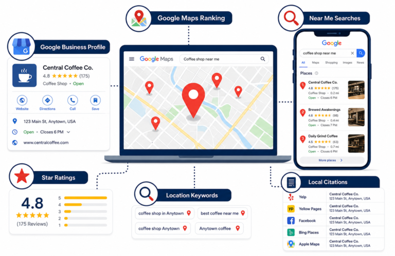 Local SEO infographic with Google Maps, business listings, ratings, and local search results