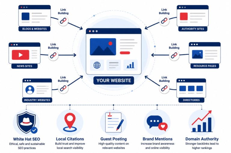 Professional flat vector infographic illustrating off-page SEO and link-building on a clean white background. A central website labeled as the target site is positioned in the middle, connected to six external websites through directional arrows and chain-link icons representing backlinks. Each backlink connection is labeled “Link Building.” The design uses a navy blue, red, and white color palette with a modern corporate style. Along the bottom, five SEO components are displayed with icons and labels: a document icon labeled “Guest Posting,” a speech bubble icon labeled “Brand Mentions,” a shield icon labeled “White Hat SEO,” location pin icons labeled “Local Citations,” and an upward-trending bar chart labeled “Domain Authority.” The layout visually demonstrates how backlinks and off-page SEO activities contribute to increased website authority and search engine rankings. No people, logos, or decorative text overlays are present beyond the educational labels.